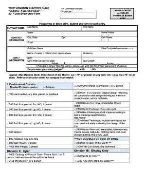 Fillable Online 2017 Quilt Show Entry Form Checklist West Houston