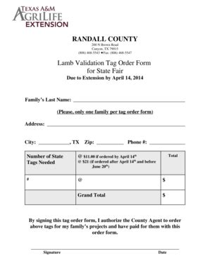 Fillable Online Randall Agrilife S 4 H Validation Tag Order Frms Lambs