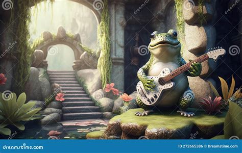 A Whimsical Illustration Of A Frog Playing A Guitar On The Rock In