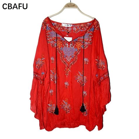 Cbafu Bohemian People Hippie Chic Blouses Loose Flare Sleeve Embroidery