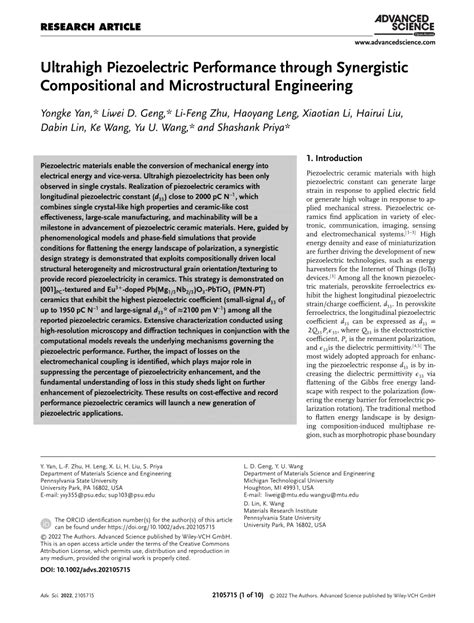 Pdf Ultrahigh Piezoelectric Performance Through Synergistic