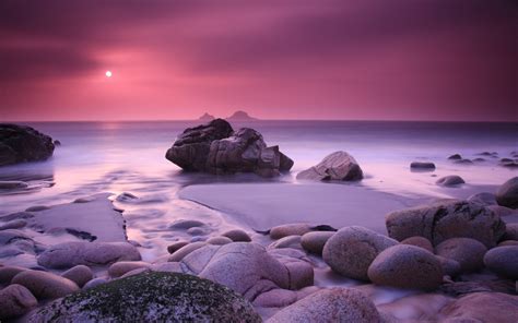 Wallpaper Pemandangan Matahari Terbenam Laut Teluk Batu Pantai