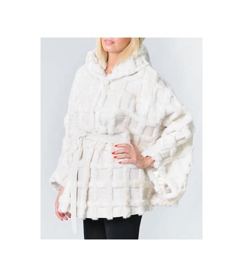 Hooded White Mink Fur Cape With Cross Pattern Fursource