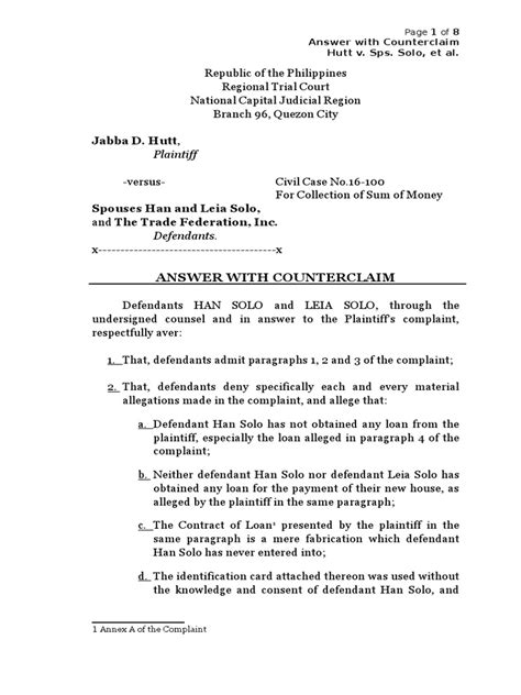 Answer To Civil Complaint Template