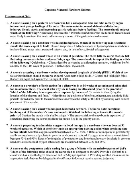 Capstone Maternal Newborn Pre Assessment Quiz