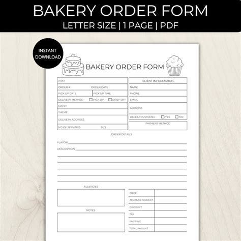 Bakery Order Form Fillable Cake Order Form Bakery Planner Printable