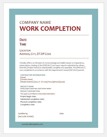 Best Work Completion Certificates For Ms Word Word Excel Templates