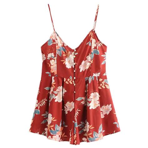 Perhaps U Red Flower Print Strap Mini V Neck Button Hollow Back Summer