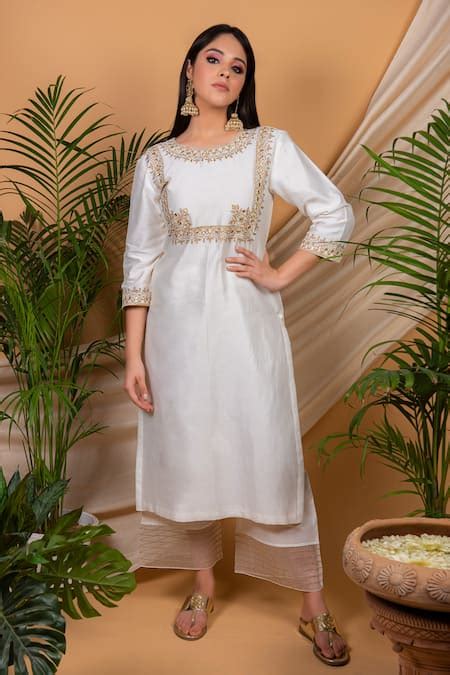 Buy White Chanderi Silk Embroidery Round Kurta And Palazzo Set For