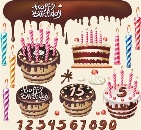 Birthday Banner Cream Cakes Candles Melting Chocolate Icons Vectors