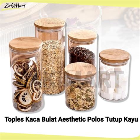 Jual Toples Kaca Bulat Aesthetic Polos Tutup Kayu Premium Set Toples