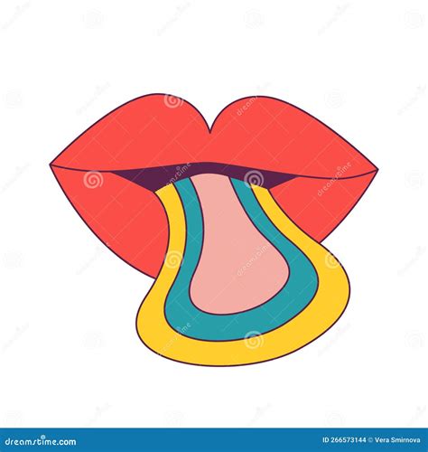 Red Cartoon Lips With Protruding Rainbow Tongue Retro Groovy 1970