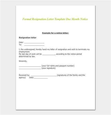 Formal Resignation Letter Sample With One Month Notice Period