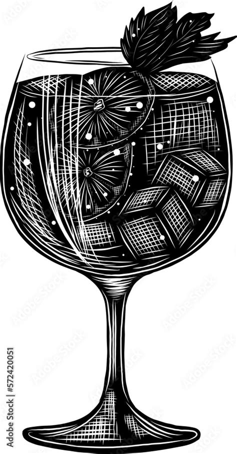 Png Engraved Style Gin Tonic Alcoholic Cocktail Illustration For