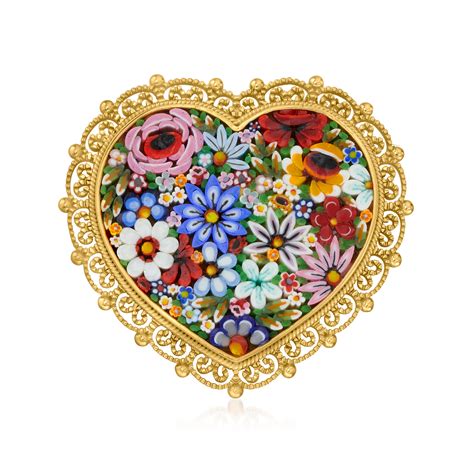 Italian Multicolored Murano Glass Mosaic Floral Heart Pin In 18kt Gold