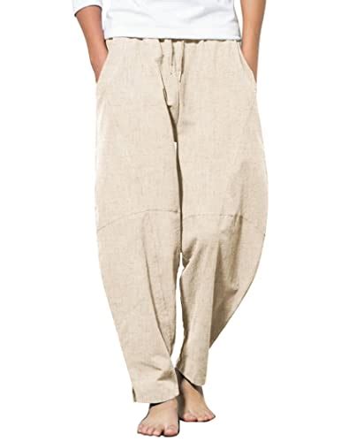 Coofandy Mens Linen Harem Drawstring Pants Casual Elastic Waist Lightweight Trouser Hippie