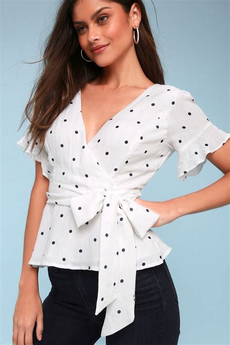 Lovely Navy Blue Polka Dot Top Peplum Top Wrap Top Lulus