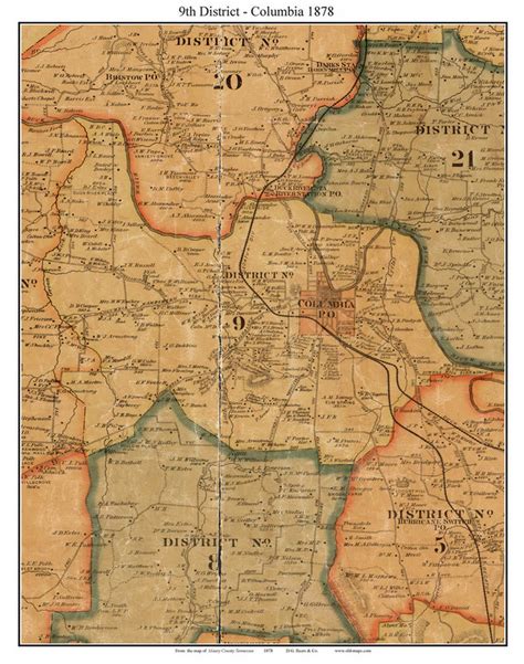 District No. 9 - Columbia, Tennessee 1878 Old Town Map Custom Print ...