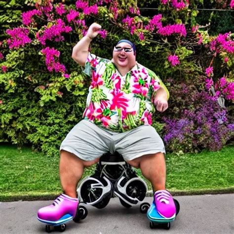 Happy Fat Man In A Hawaiian Shirt And Roller Skates Stable Diffusion