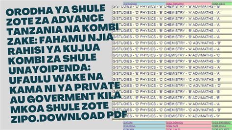 Orodha Ya Shule Zote Za Advance Tanzania Na Kombi Combination Zake