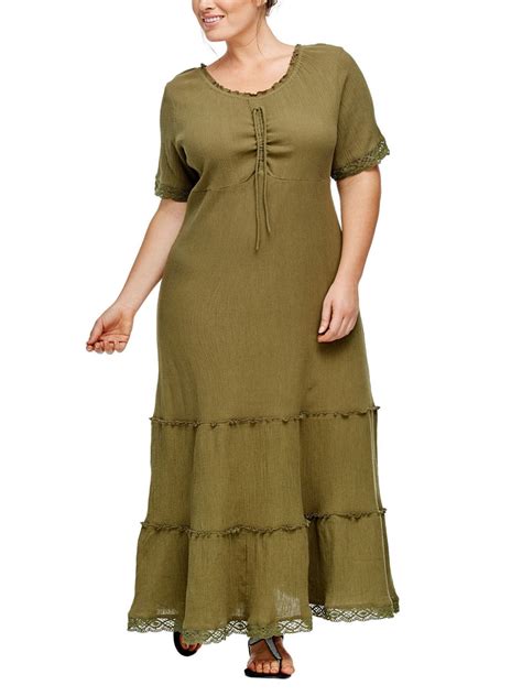 Ellos Ellos Khaki Crinkle Cotton Gauze Tiered Maxi Dress Plus