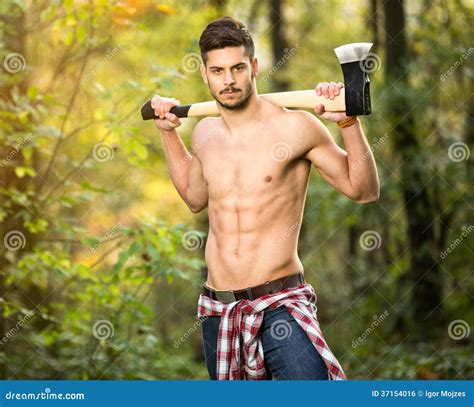 Sexy Holzf Ller Im Wald Stockfoto Bild Von Scharf Stattlich