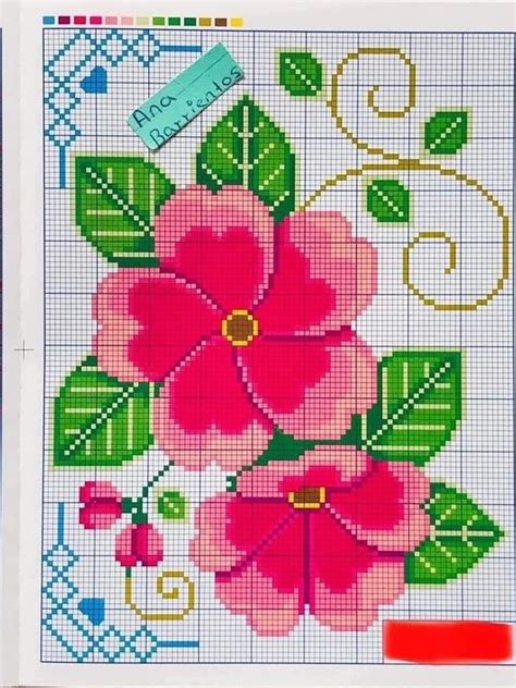 Cross Stitch Pattern With Pink Flowers And Green Leaves