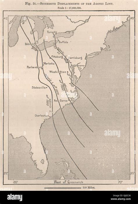 Successive displacements of the Agonic Line. USA, 1885 antique map ...