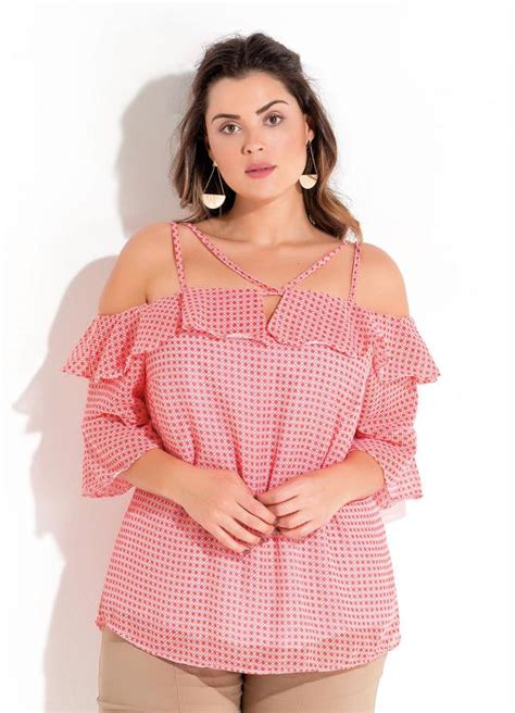 Blusa Ombros Vazados Rosa Estampada Plus Size Quintess