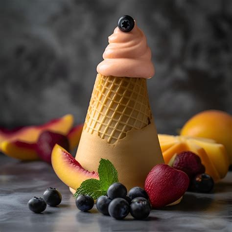 Gelado em um cone de waffle bagas em um fundo cinza Foto Grátis