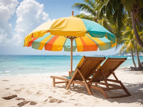 Premium AI Image Chairs And Umbrella In Tropical Beach Seascape