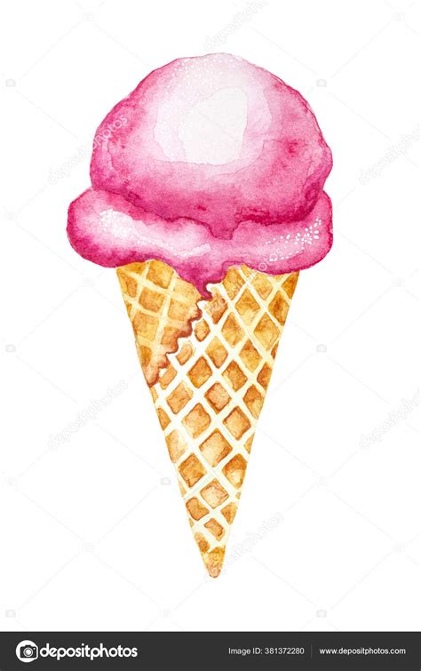 Pink Watercolor Ice Cream Waffle Cone Isolated White Background Hand