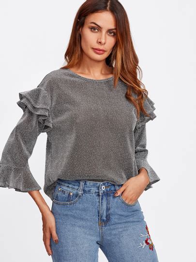 Tiered Ruffle Bell Sleeve Glitter Top Shein Sheinside