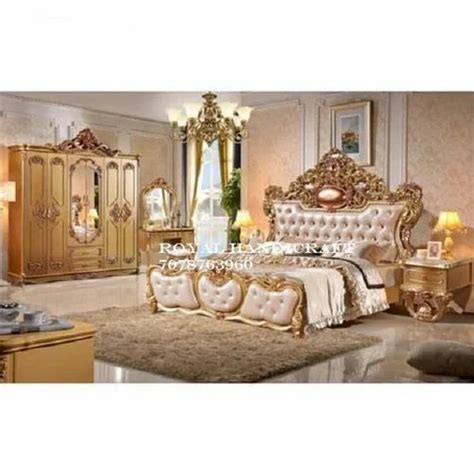 Teak Wood Home Wood Designer Carving Bed With Side Table Golden