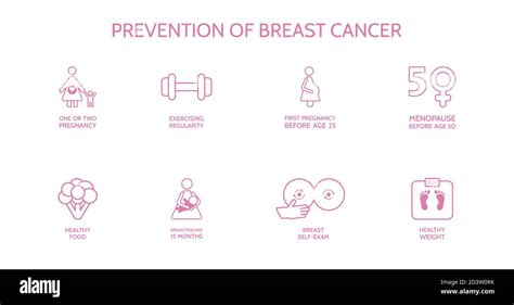 Prevention Of Breast Cancer Line Icon Set Awareness Month Decrease Risk Of Breast Cancer Line