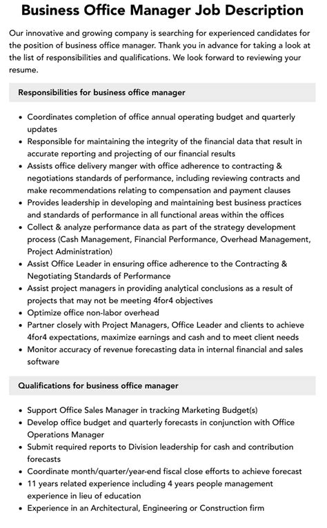 Business Office Manager Job Description Velvet Jobs