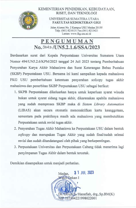 Pemberitahuan Penyerahan Karya Akhir Mahasiswa Dan Surat Keterangan