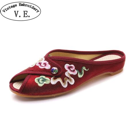 Women Slippers Spring Summer Causal Slides Flower Embroidered Satin