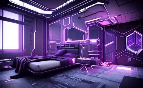 A Bed Room With A Neatly Made Bed And Purple Lighting