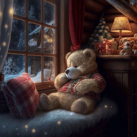 A Brown Teddy Bear Sitting On Top Of A Window Sill Next To A Christmas Tree