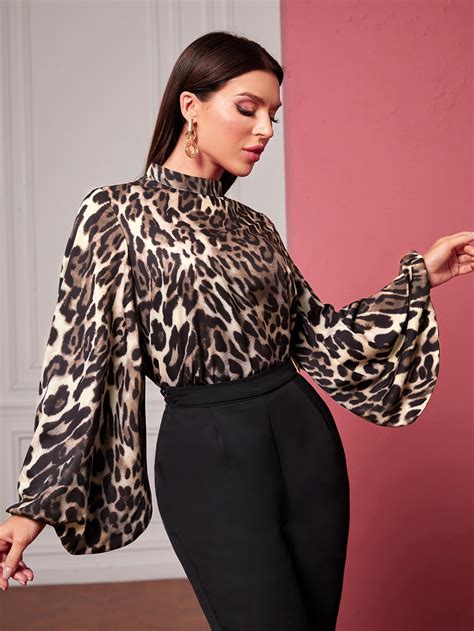 Leopard Print Mock Neck Bishop Sleeve Top