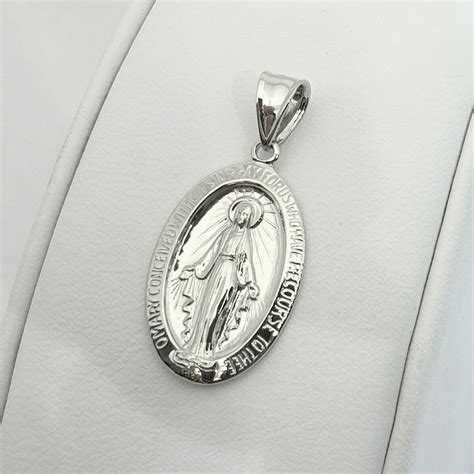 Solid 18k White Gold Miraculous Medal Virgin Mary Pendant 1 Catholic