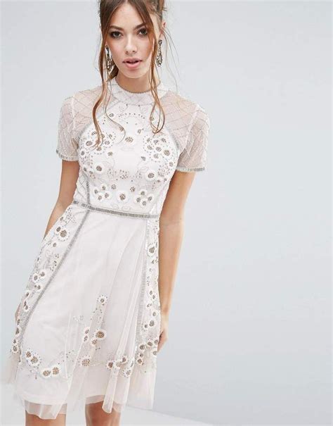 Frock And Frill Floral Embellishment Skater Dress Beaded Chiffon Dress