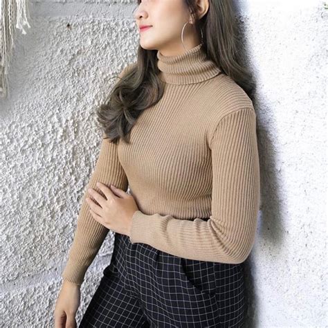 Jual Turtleneck Pria Wanita Leher Tinggi Lengan Panjang Rib Polos