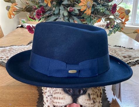 SCALA MEN NAVY BLUE WOOL FEDORA HAT L NEW CRUSHABLE PORK PIE 4