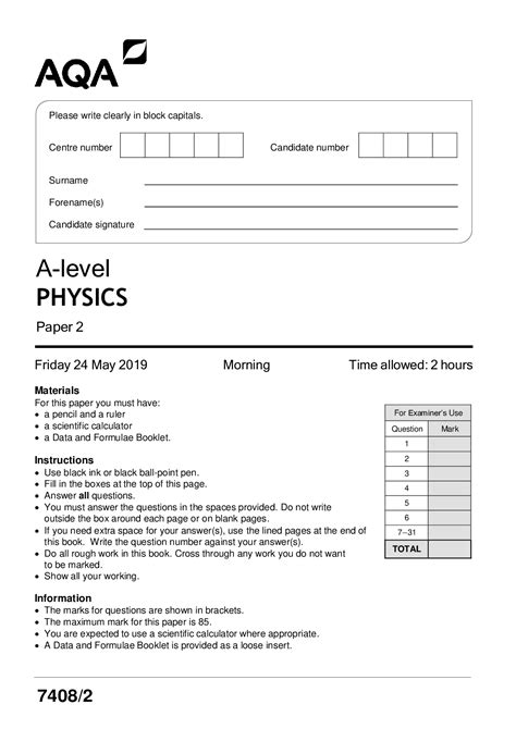 Aqa A Level Physics Paper 2 2019 Question Paper Browsegrades