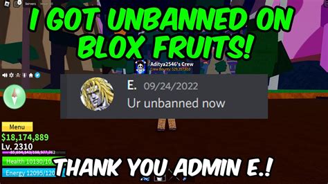 I Got Unbanned On Blox Fruits Thank You Admin E Race