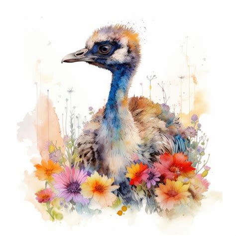 Captivating Baby Emu In A Colorful Flower Field For Art Prints And