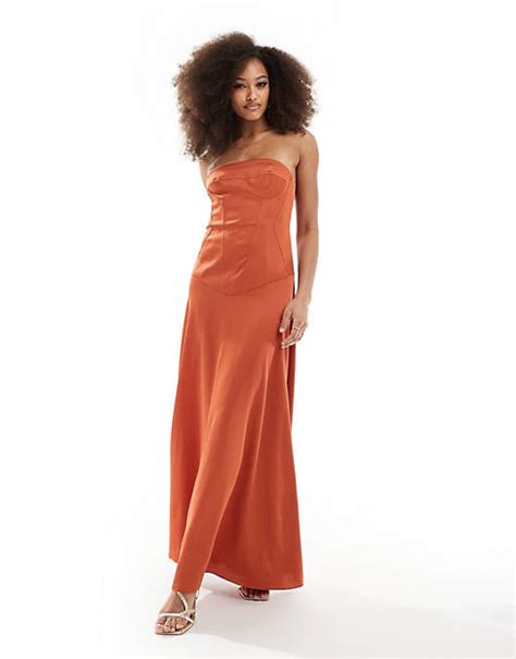 Asos Design Satin Bandeau Maxi Dress With Corset Detailing In Rust Asos