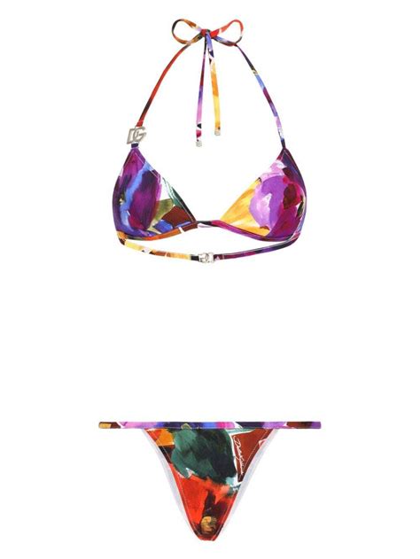 Dolce Gabbana Floral Print Triangle Bikini Set Purple Editorialist